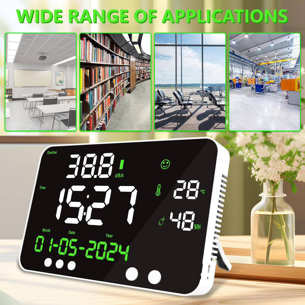 Decibel Meter Sound Level Reader LED Time Temperature Humidity Noise Meter