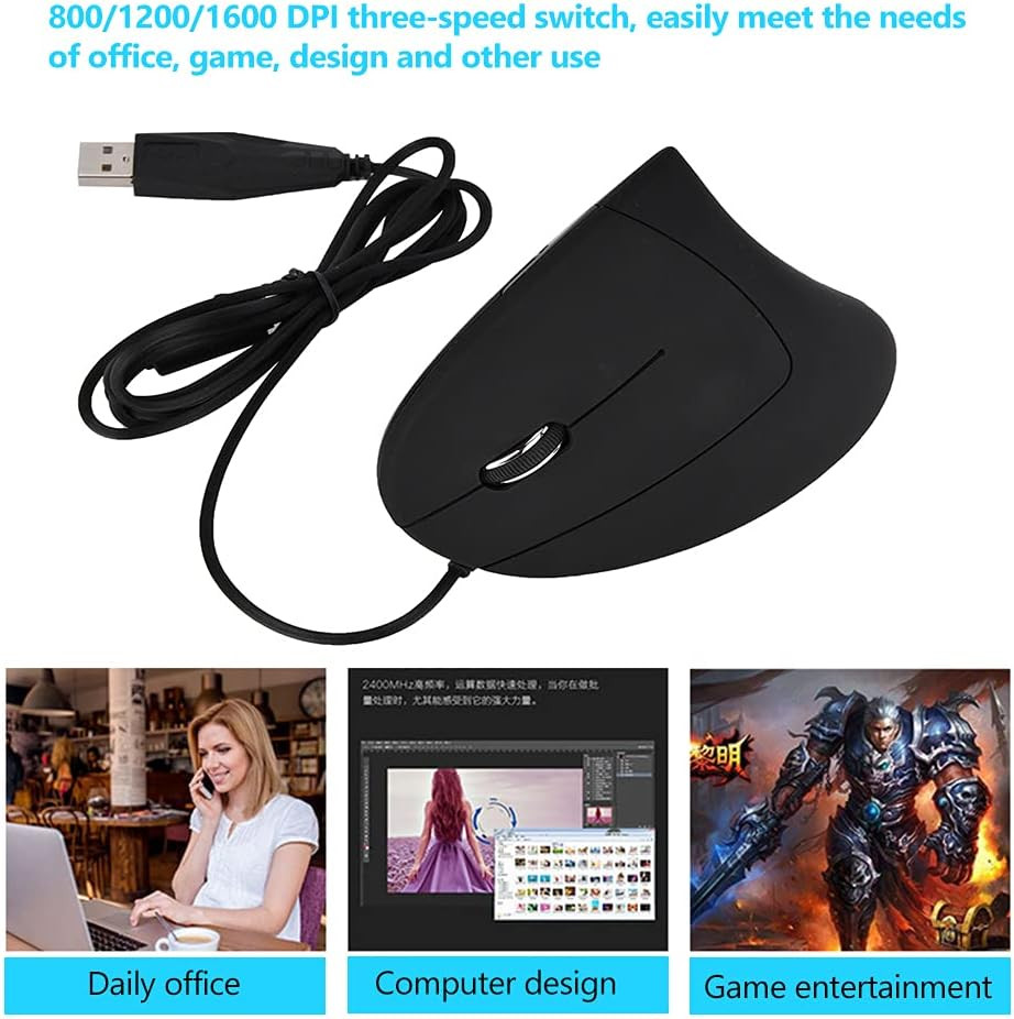 Ergonomic Vertical USB Wired Mouse, Left Handed Optical Mouse, 3 Adjustable DPI