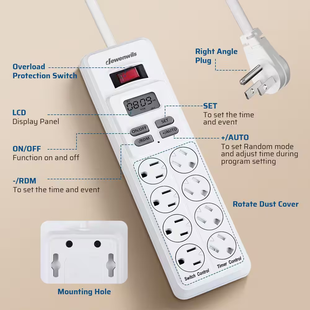 Mechanical Indoor Timer Power Strip with 8-Outlets, Countdown, Flat Plug, 6 Ft.