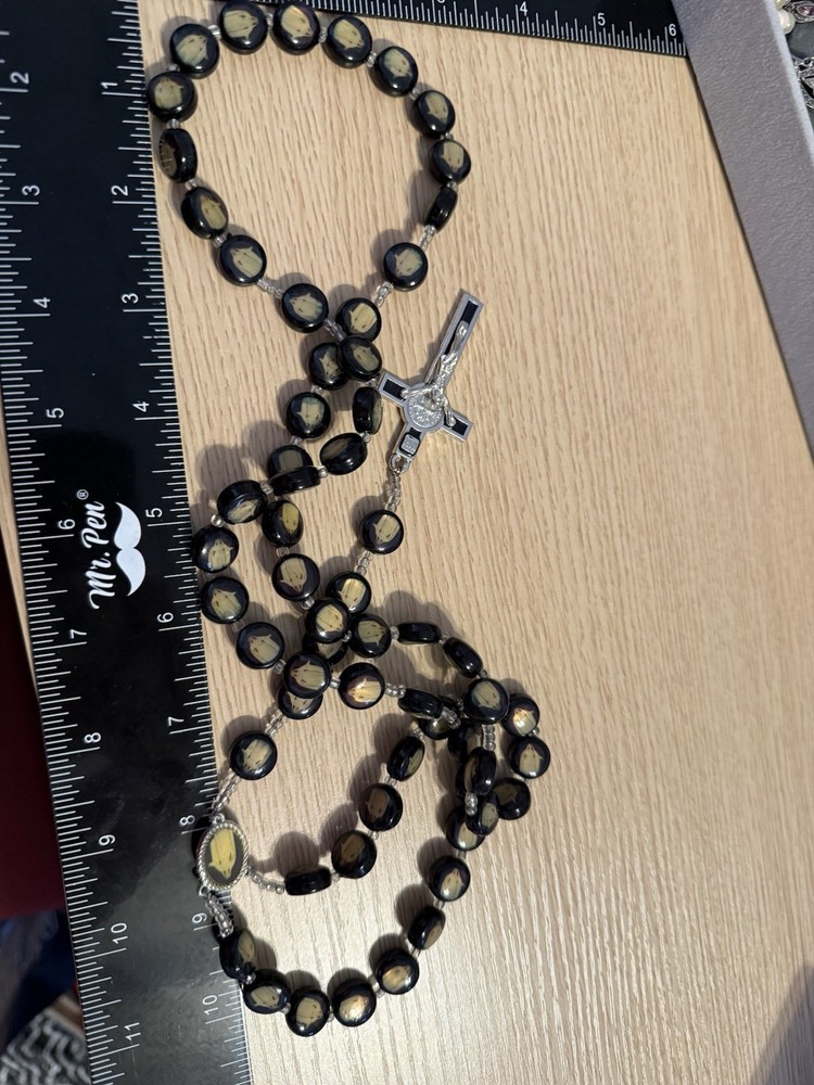 Black Glass Rosary With Imagery Beaded