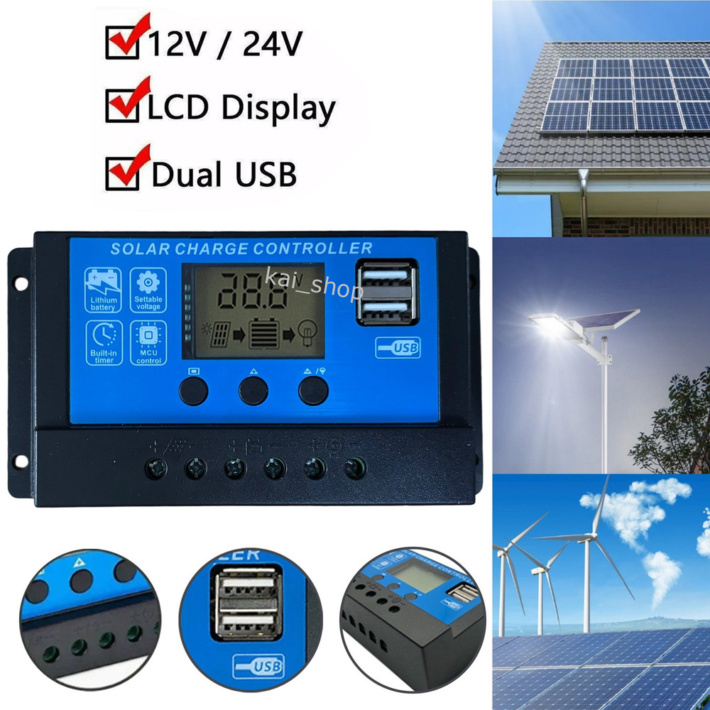30A Solar Panel Battery Charge Controller 12V/24V LCD Regulator Auto Dual USB US
