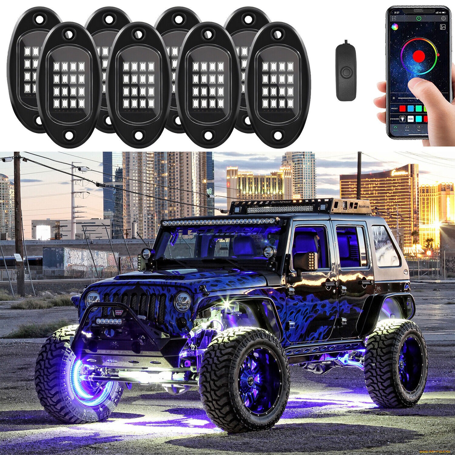 8Pods RGB LED Rock Lights Offroad Music Wireless Bluetooth Underglow Neon Lights