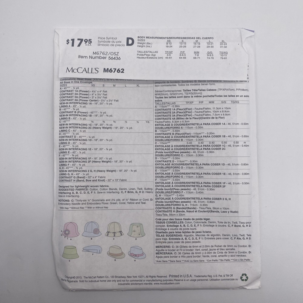 McCalls Sewing Pattern M6762 Toddlers Hat Uncut