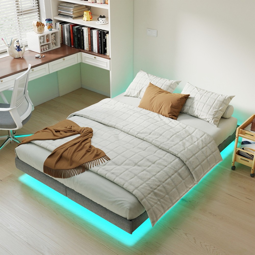 King Floating Bed Frame with LED Lights & Under Bed Storage No Box Spring Needed