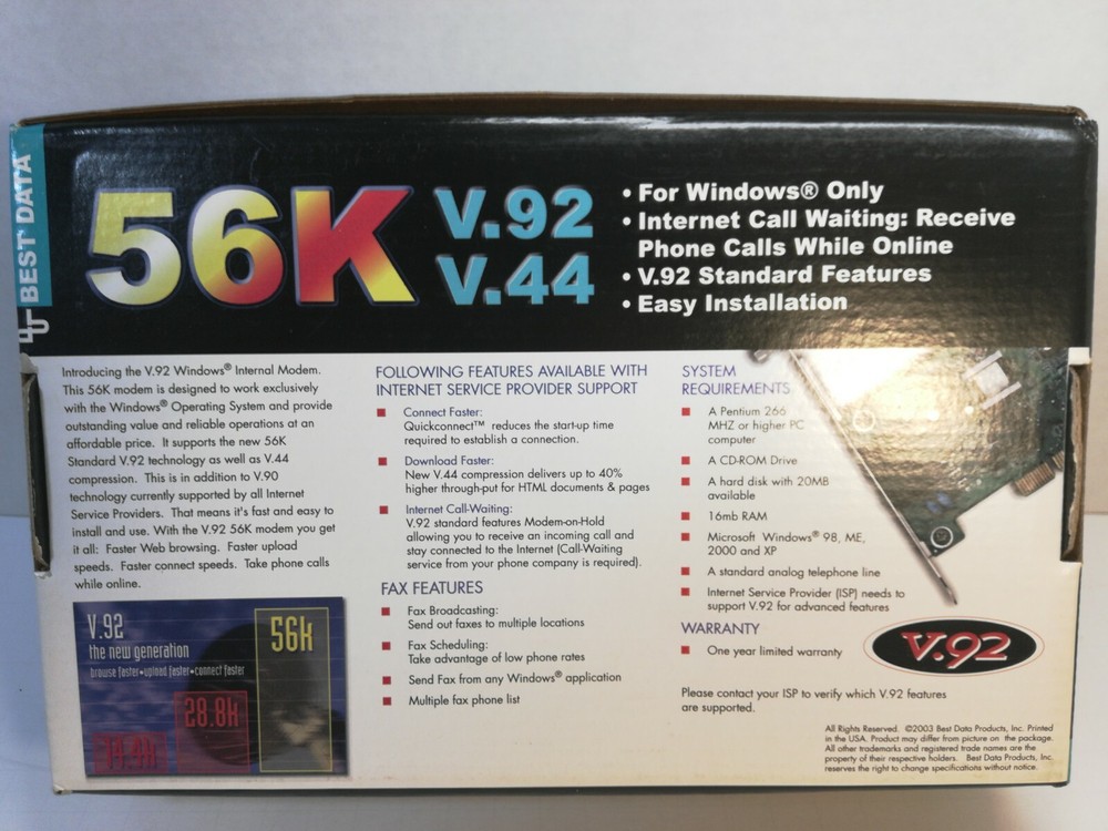 BEST DATA 56K WINDOWS INTERNAL PCI MODEM, V.92/V.44, w/CD