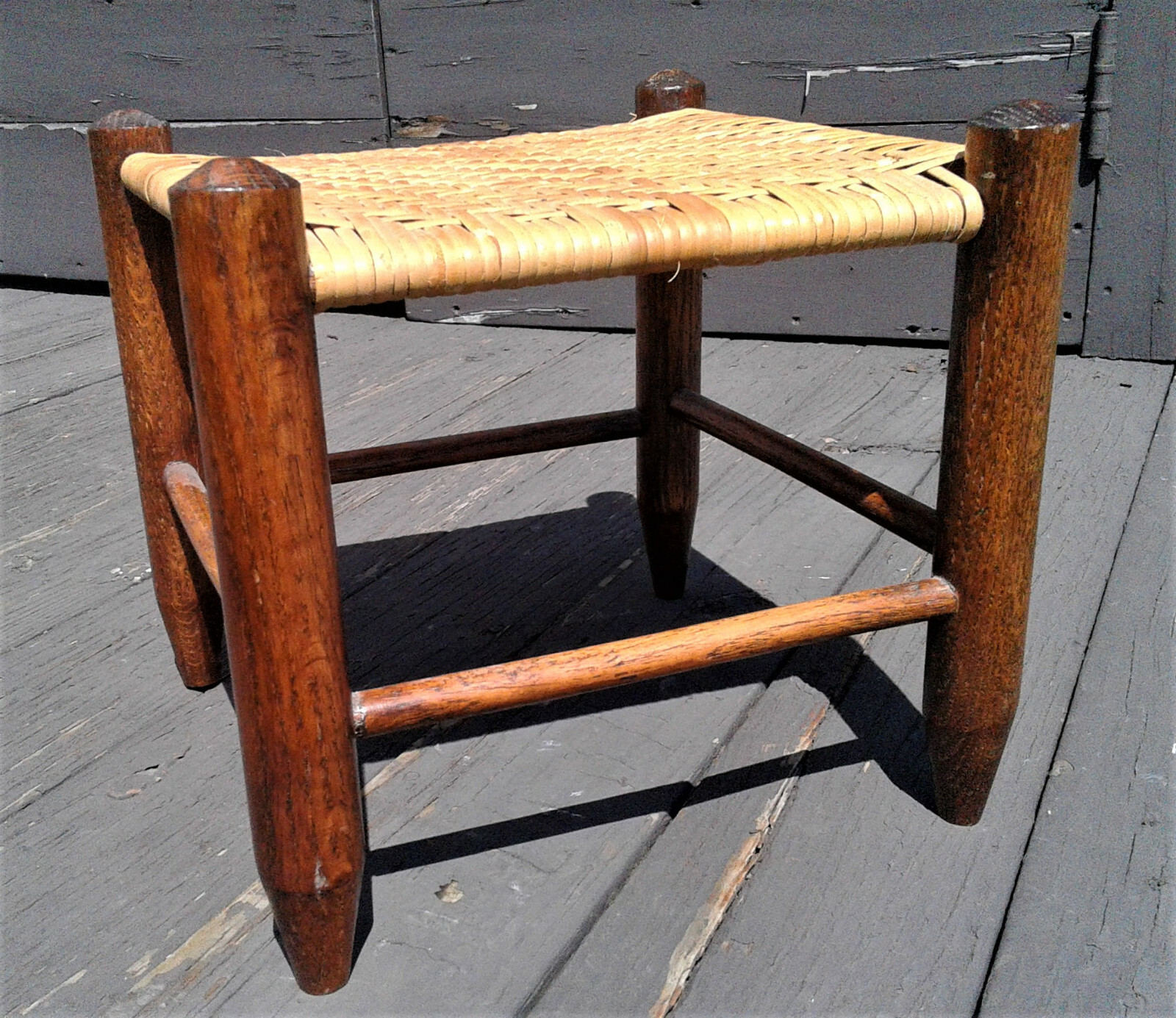 Antique Oak Foot Stool with Hand Woven Seat 1900s Era