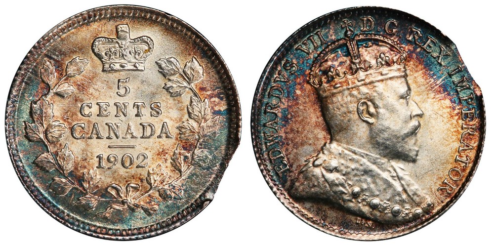 1902 Canada 5 Cent, CLIPPED PLANCHET ERROR - PCGS Uncirculated MS 64