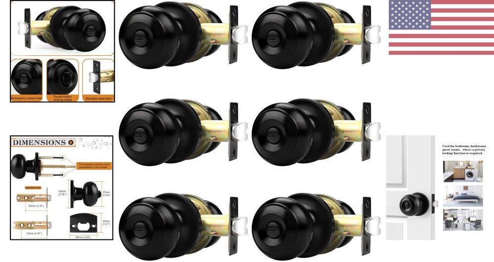 Durable Matte Black Privacy Knobs for Home, 6 Pack, Easy Screw-in Installation
