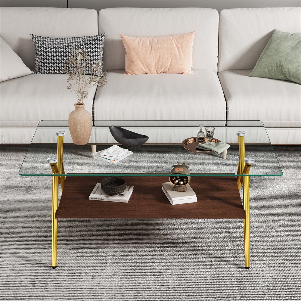 Flat glass Home Deco Coffee Table with Storage Shelf Rectangular Teapoy