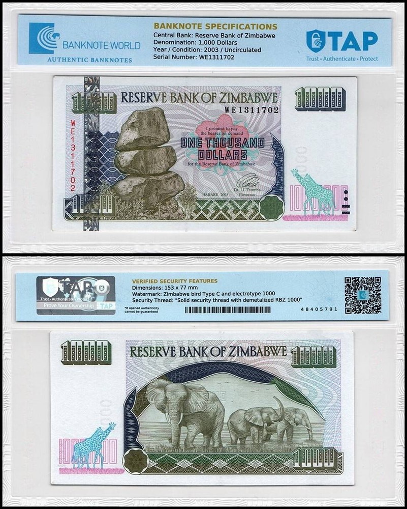 Zimbabwe 1000 Dollars, 2003, P-12a, UNC, TAP Authenticated
