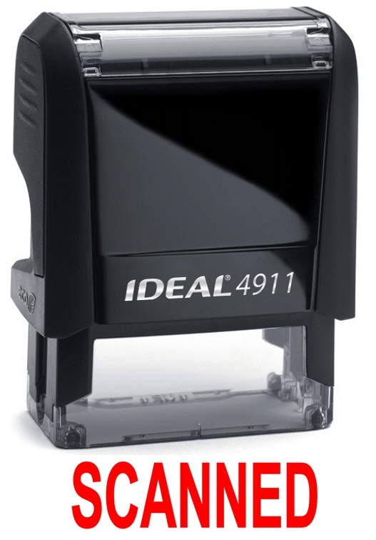 SCANNED stamp text on IDEAL 4911 Self-inking Rubber Stamp, RED INK
