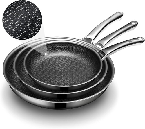 Non Stick Frying Pan Set Hybrid Pan Set-8"+10"+12"-Stainless Steel Cookware Set