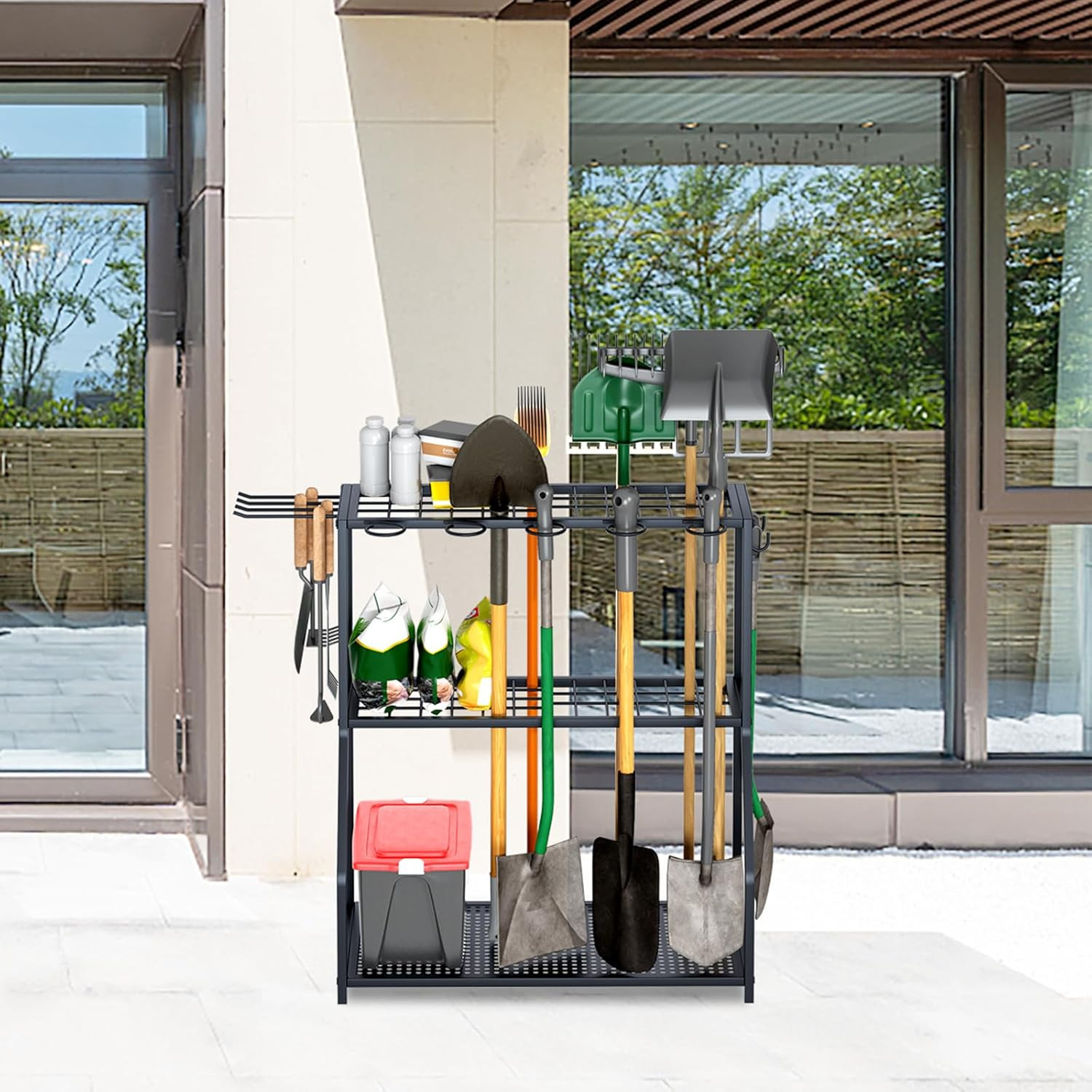 Yard Tool Storage Rack, Steel Organizer for Long-Handled Tools, Black