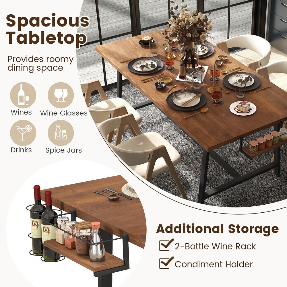 72" Industrial Rectangular Kitchen Table w/ 2-Bottle Wine Rack Condiment Holder