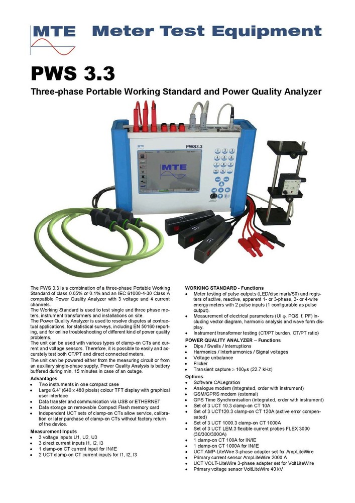 MTE PWS 3.3 Three-phase Portable Working Standard and Power Quality Analyzer PQA