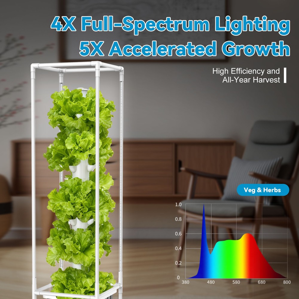 Vertical Hydroponic Growing System Tower with 4FT Grow Lights 45 Pods Pump Timer