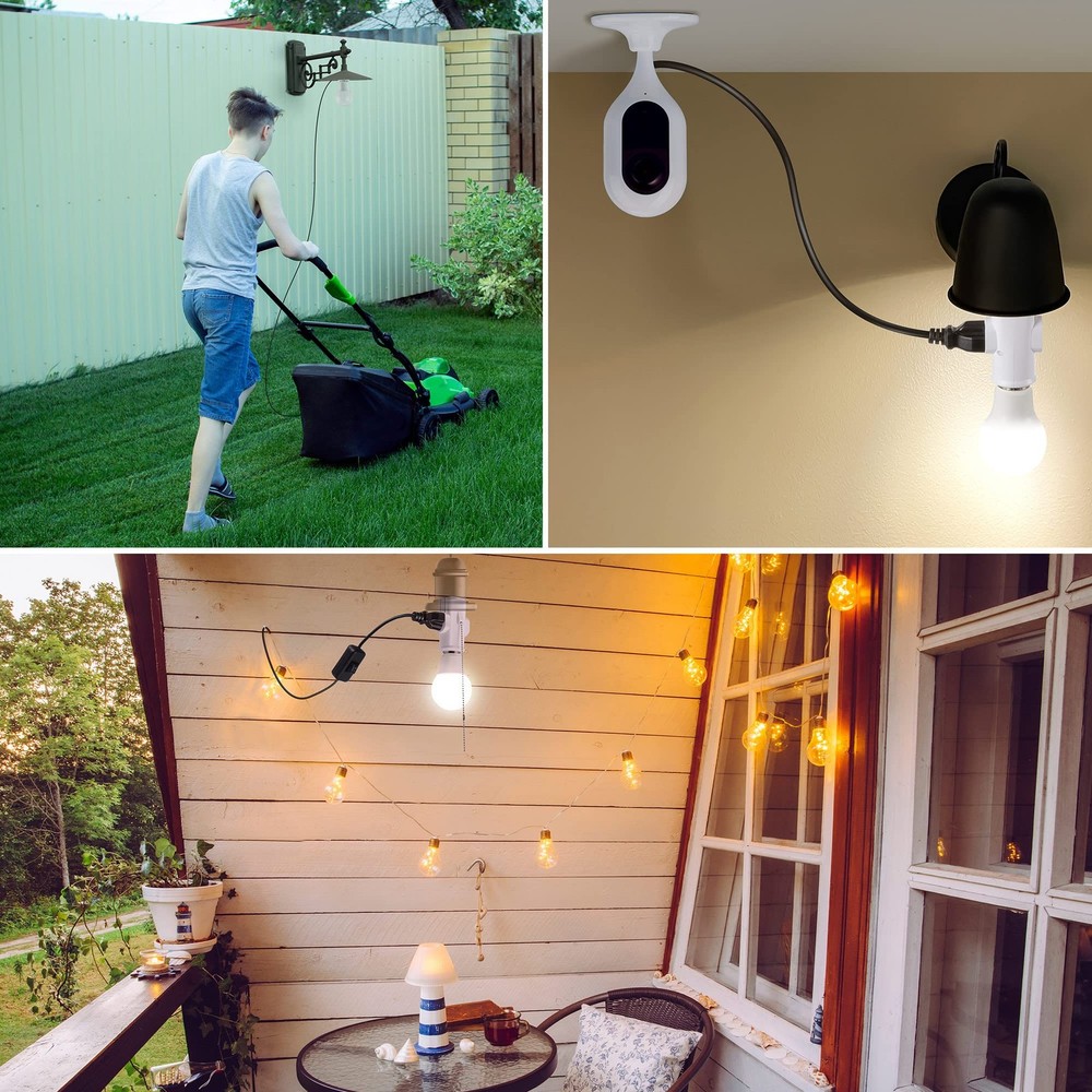 3 Prong E26 Light Socket to Plug Adapter, White Heat Resistant Silver