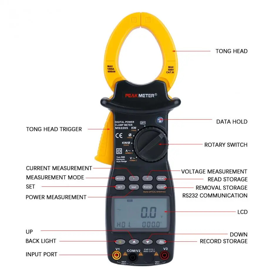 Digital 3-Phase TRMS Harmonic Power Clamp Meter & Tester with RS232 for PC