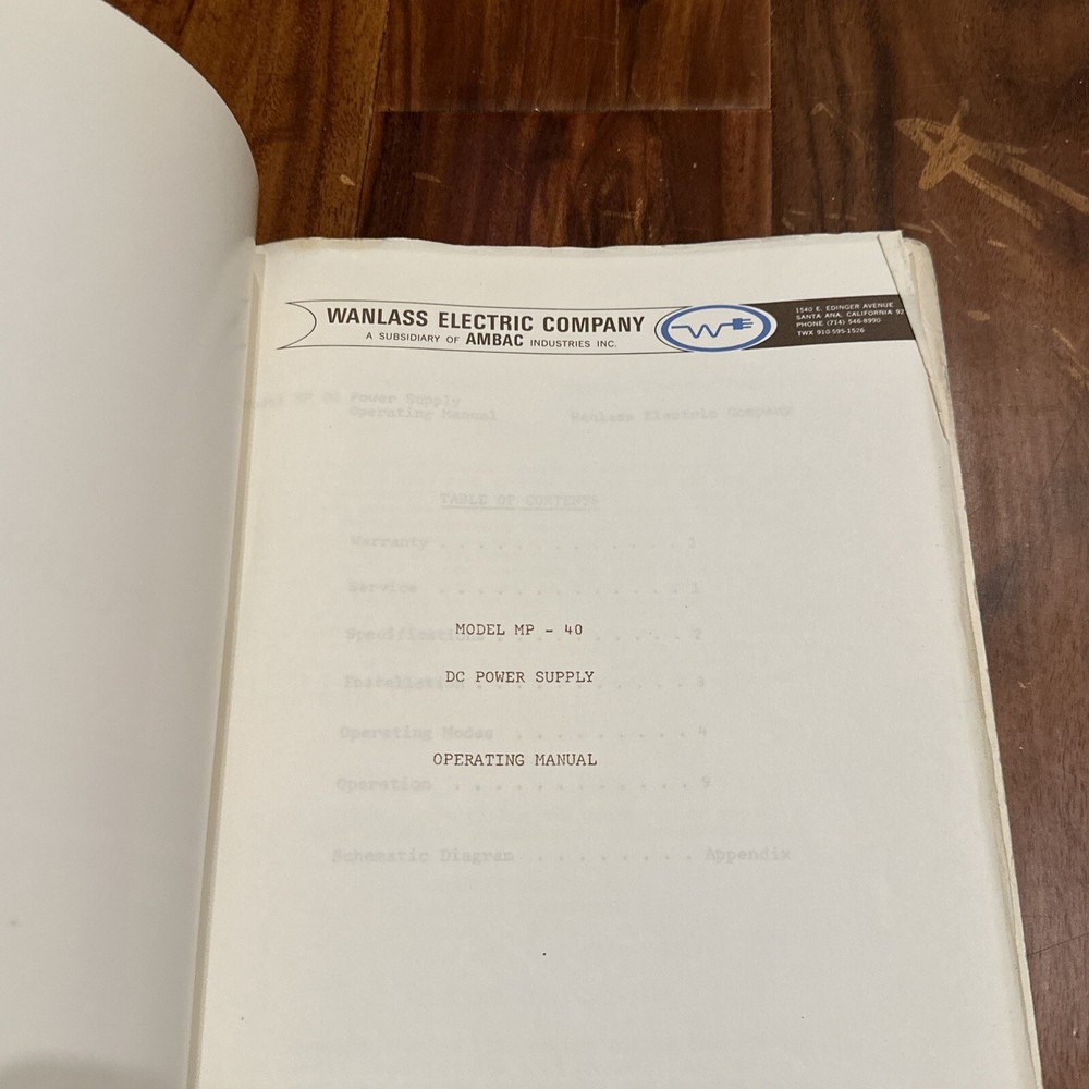 Wanlass Instruments Model MP-40 DC Power Supply Operating Manual