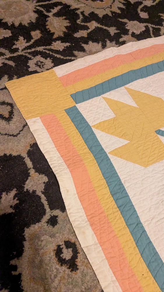Antique Old Hand Stitched Multicolor Textile Maple Leaf Quilt 72"