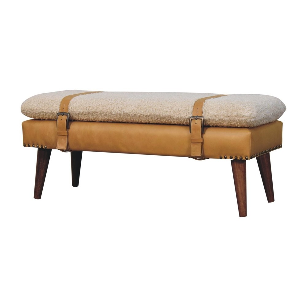 Boucle and Tan Leather Bench