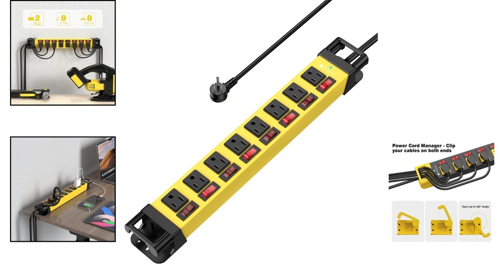8 Outlet Surge Protector with Right Angle Plug & Cord Management for Workbench