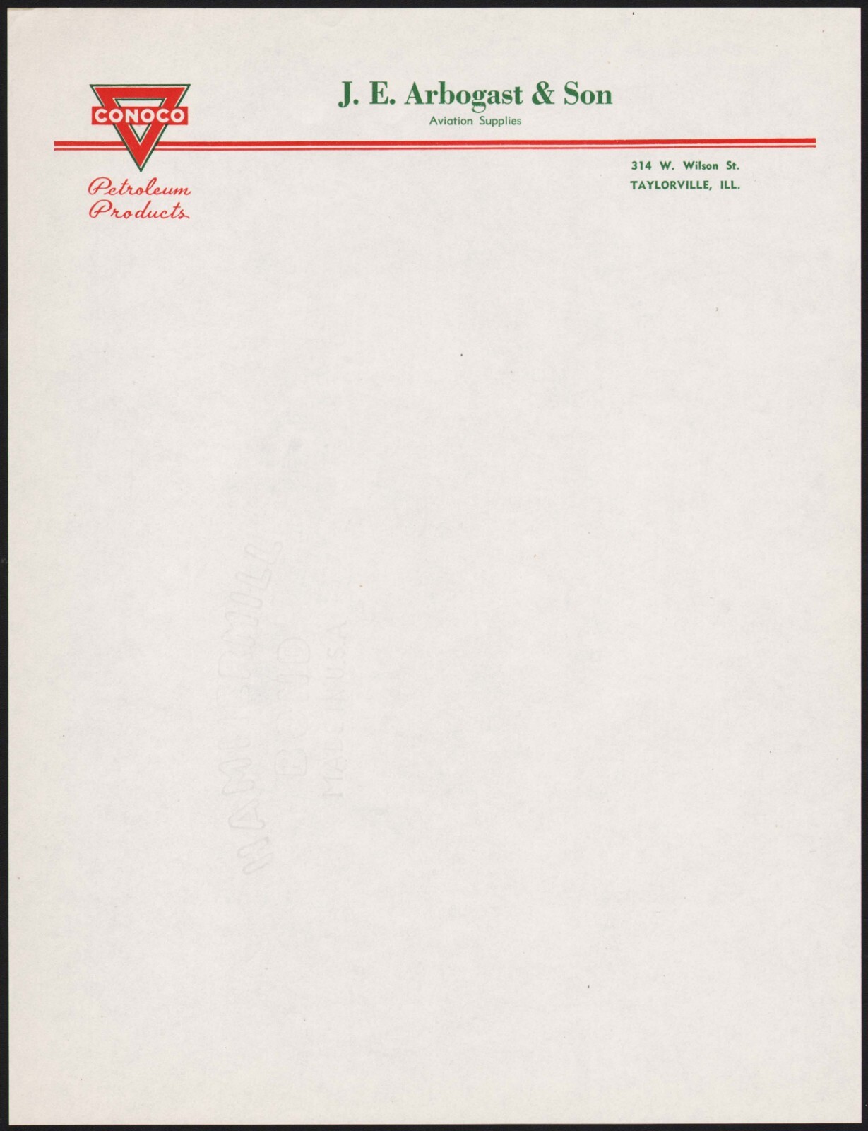 Vintage letterhead CONOCO gas oil J E Arbogast Aviation Supplies Taylorville ILL