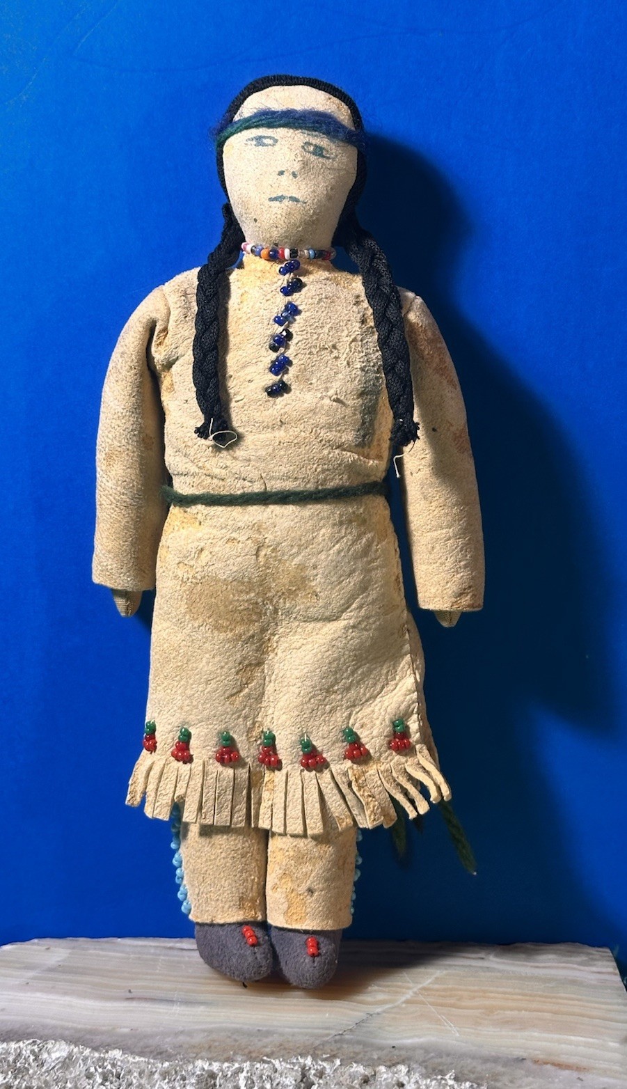 RARE 19th Century Antique Native Plain’s Indian Fringe Beaded Hide Doll Ink Face