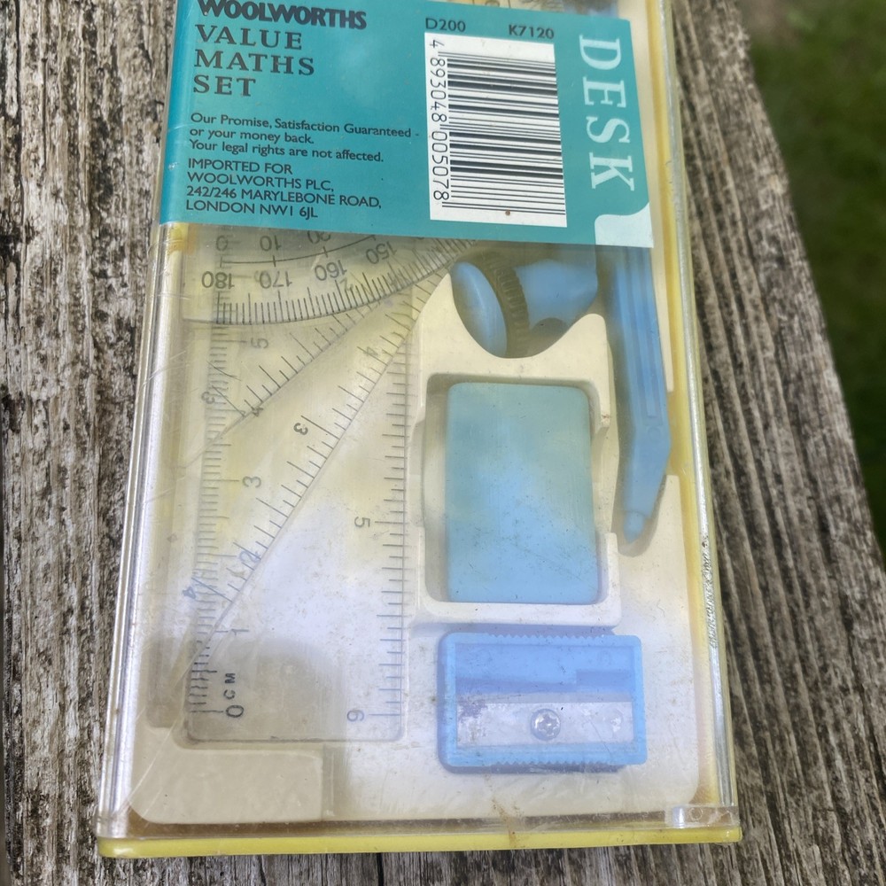 Woolworths Vintage Student Math set Ruler Compass Protractor Eraser Sealed