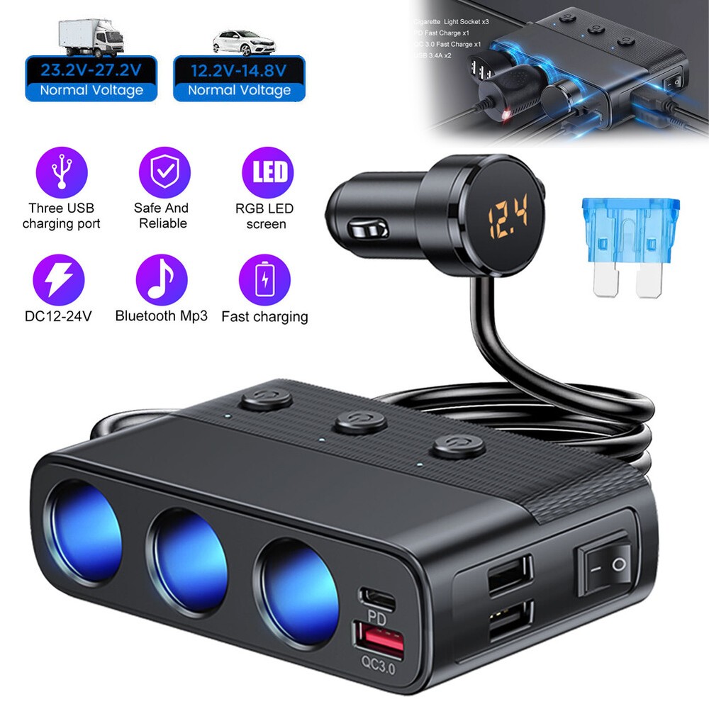 3Way Car Cigarette Lighter Socket Splitter USB Fast Charger Power Adapter 12-24V