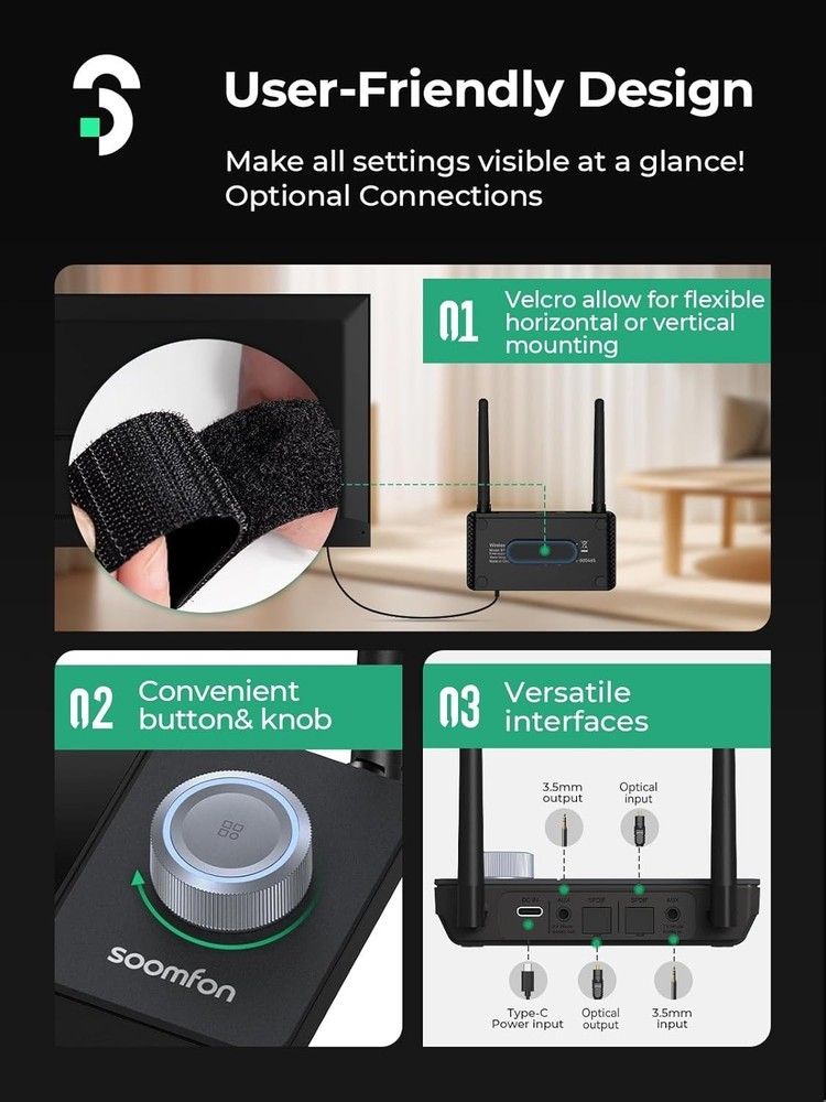 SOOMFON Dual Antenna Bluetooth Transmitter for TV Bluetooth 5.3 Receiver 3-in-1