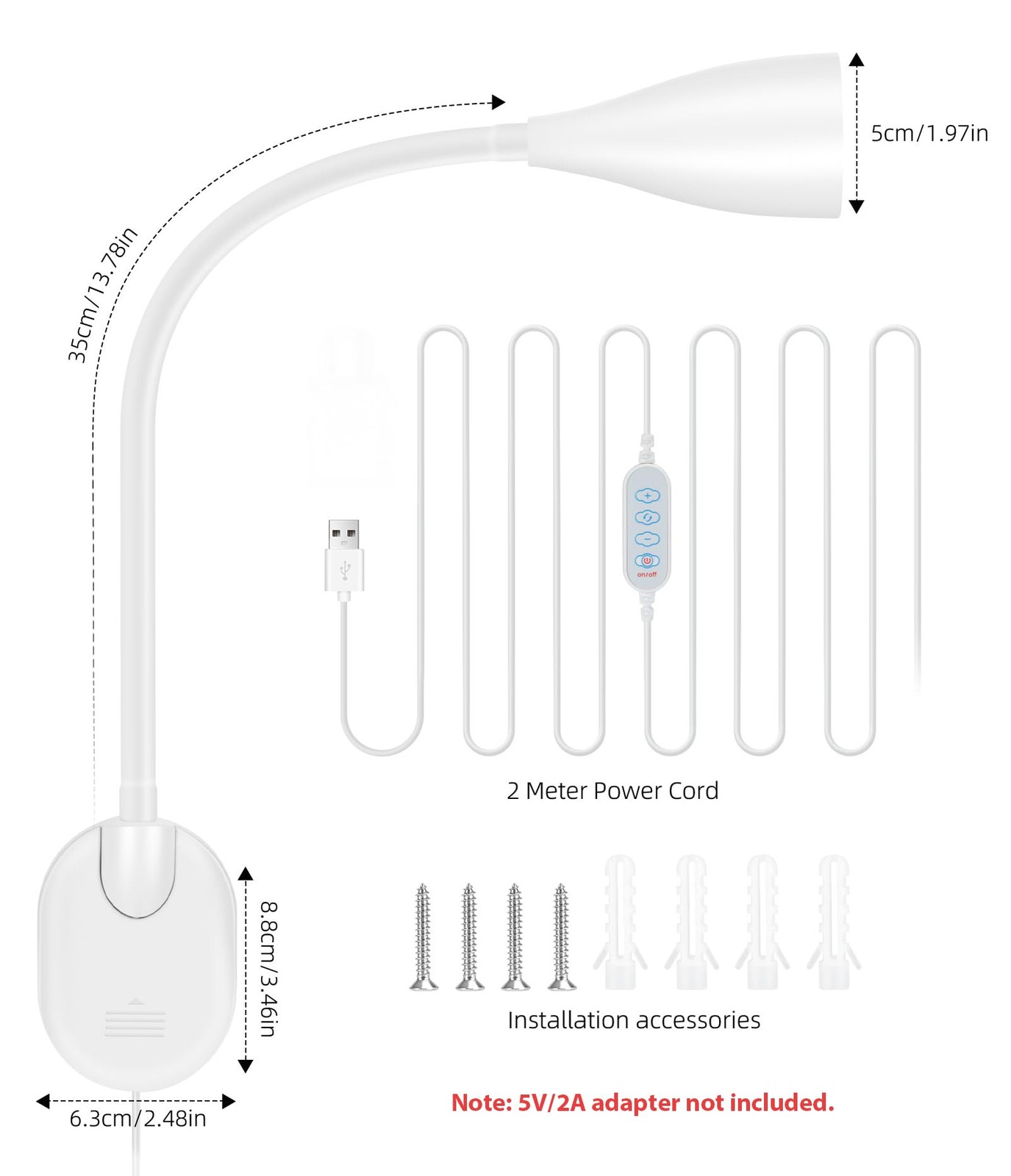 LiFMIRA Wall-Mounted LED Bedside Reading Light with USB Charging Port, White