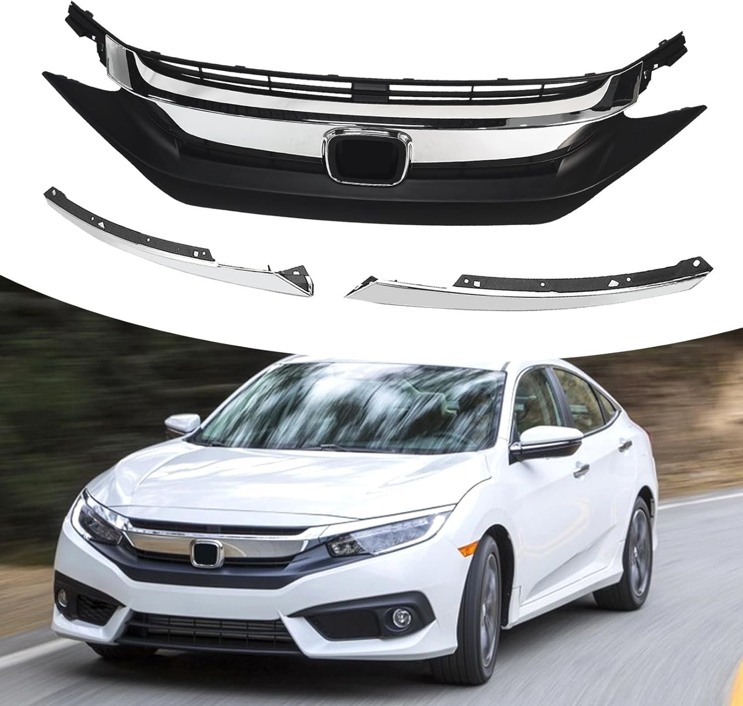 Front Bumper Grille Upper Grill With Chrome Headlight Eyelid Molding Trim Fit...