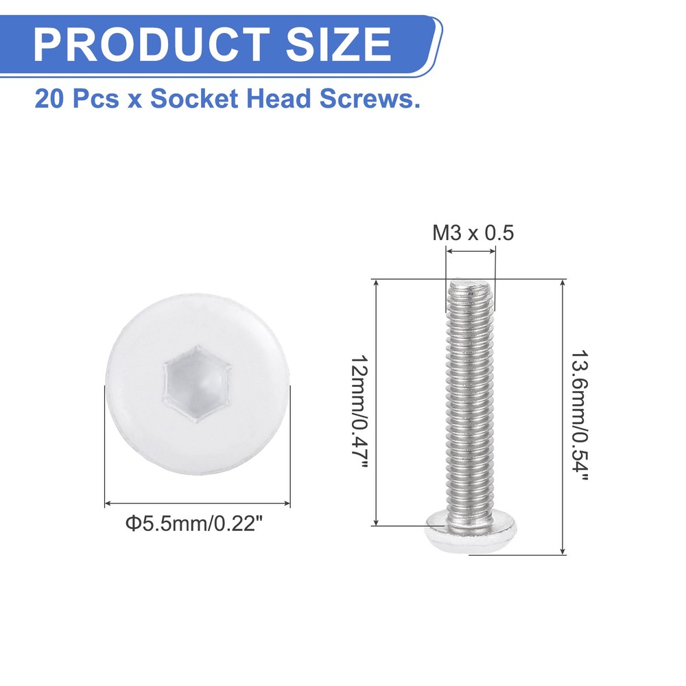 20 Pcs M3-0.5 x 12mm Button Head Hex Socket Head Screws, White