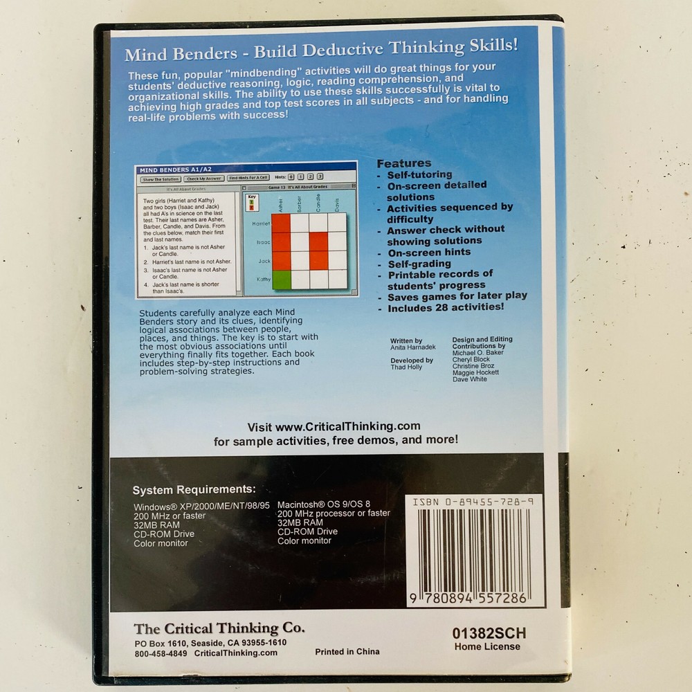 MIND BENDERS By Critical Thinking Deductive Thinking Skills for MAC & PC A1/A2