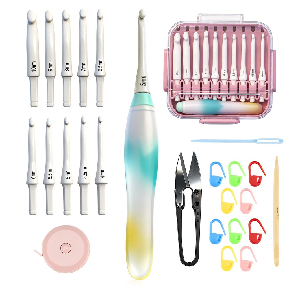 10 Size Interchangeable Crochet Hook Set 15 PCS Ergonomic Jelly-Grip Handle