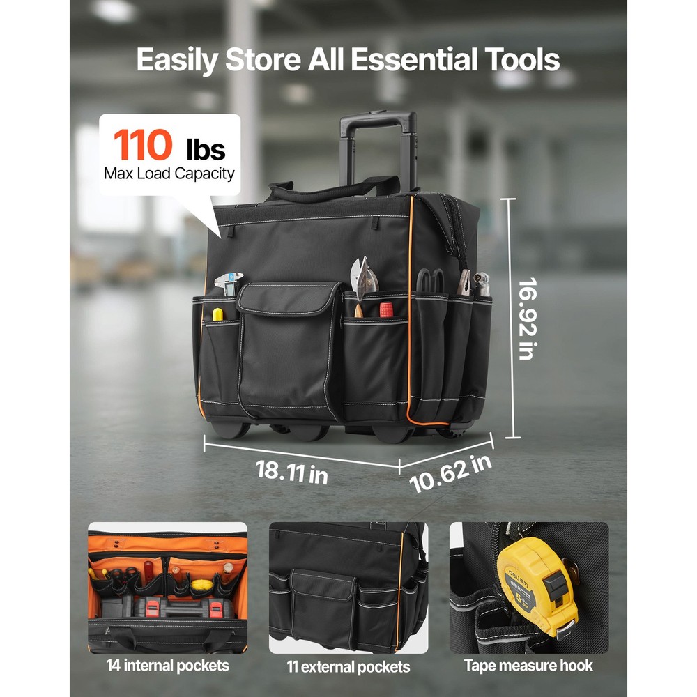 Rolling Tool Bag 25 Pockets Heavy Duty Roller Tool Bag Telescoping Handle