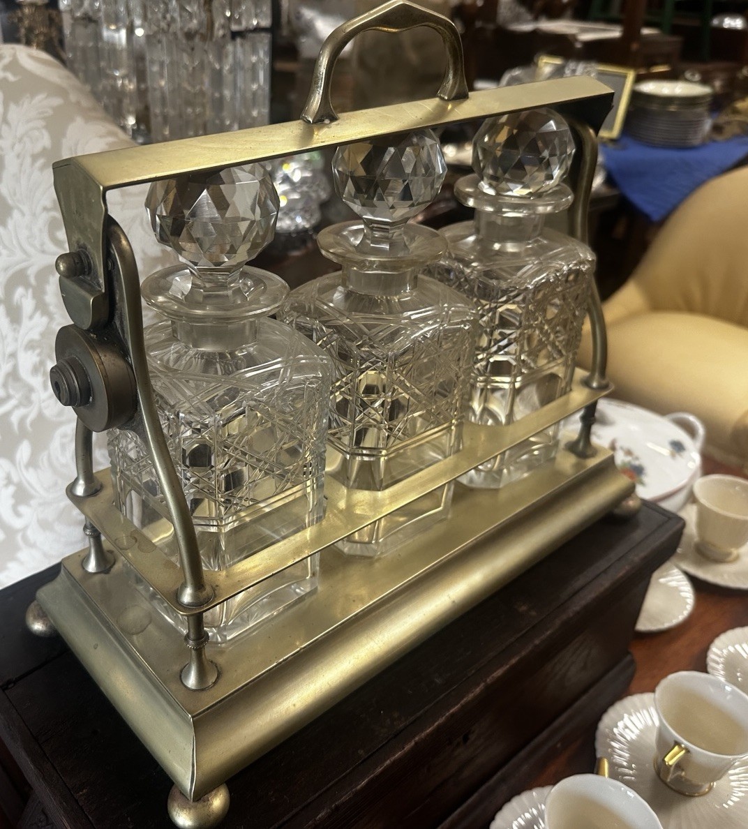 Antique English Silver Plated Tantalus Three Bottle  Decanter Liquor Set Locking