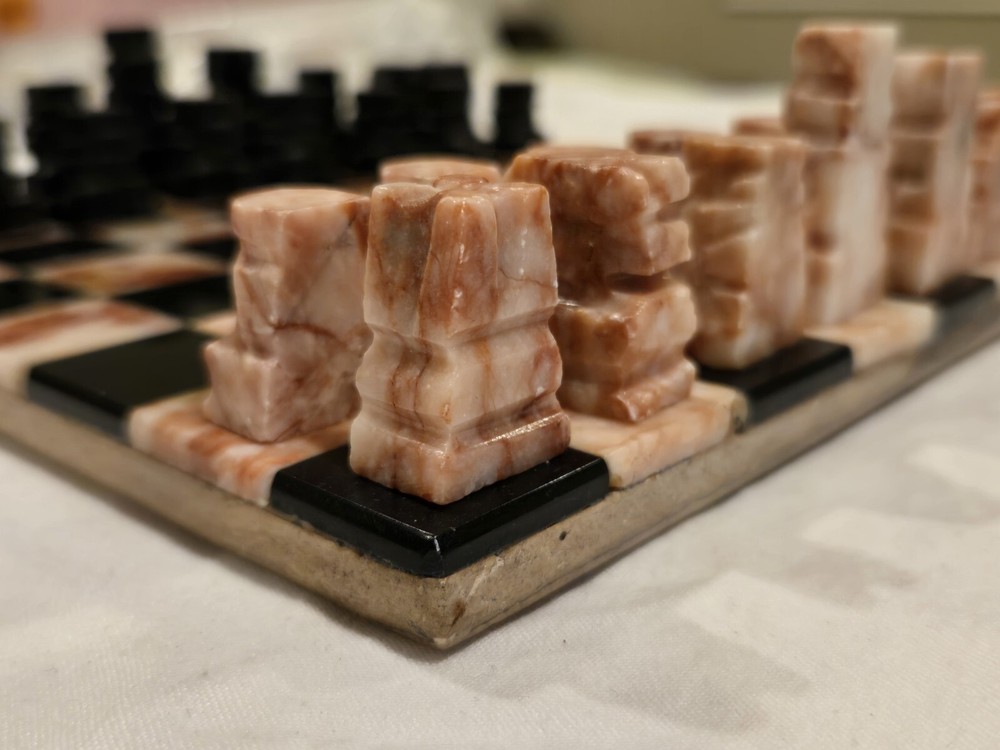 Vintage Hand Carved Solid Stone Marble Black Onyx Chess Set w/ 8" Board Complete
