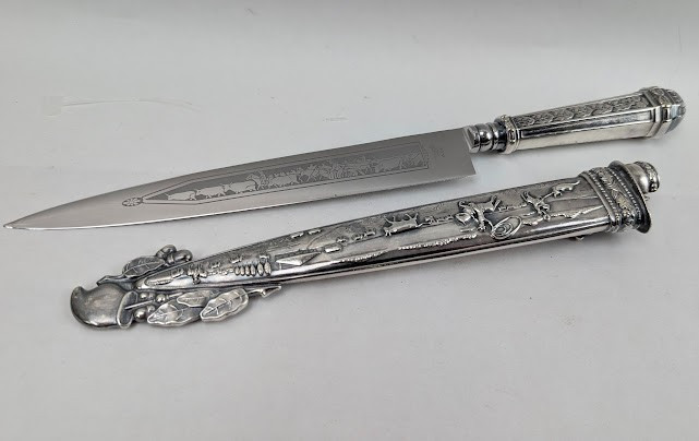 Vintage Antique Silver Gaucho Knife & Scabbard Cowboy Theme Argentinian Dagger