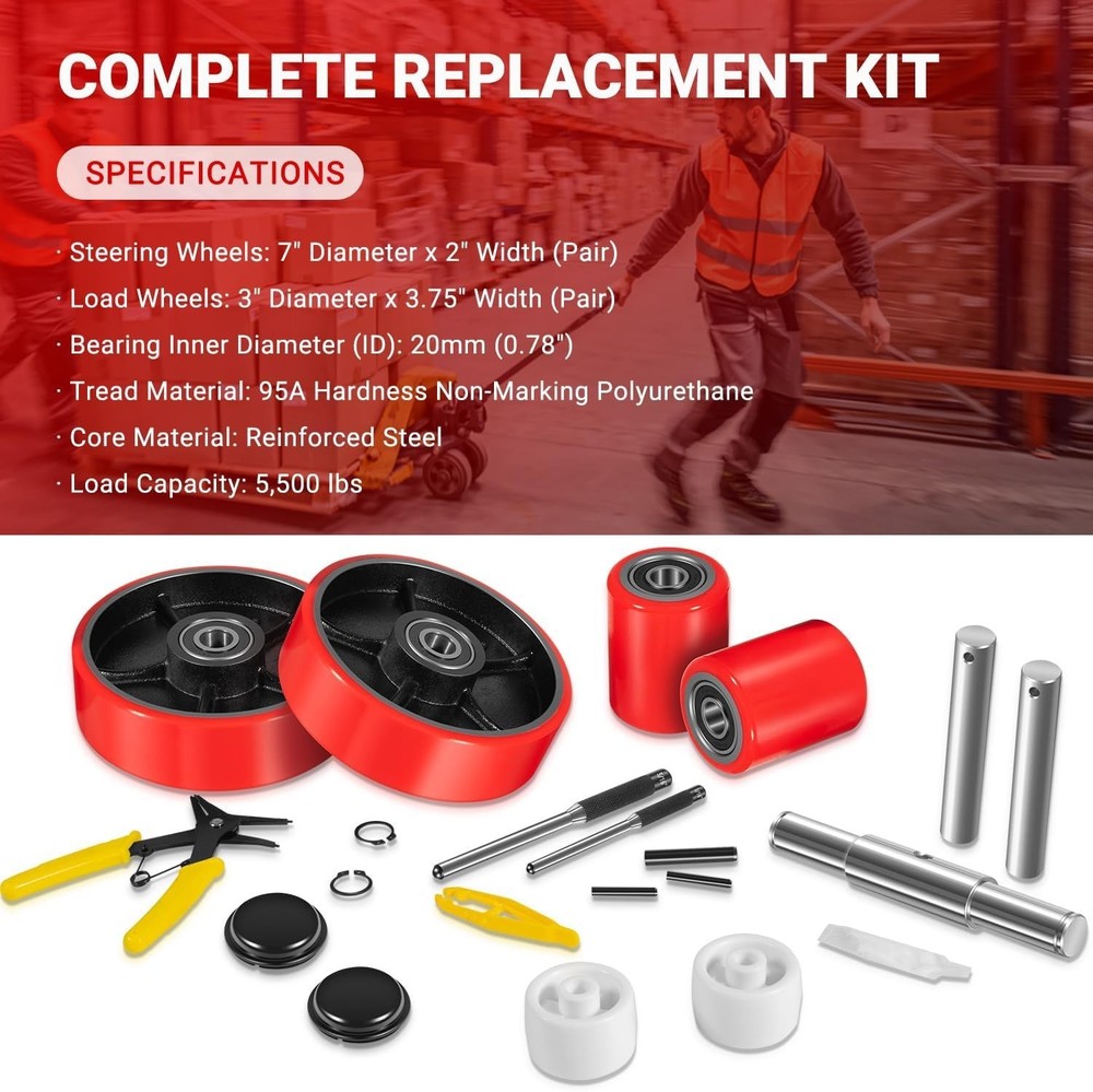 Pallet Jack Full Replacement Kit Steering Wheels 7"x2" Front Load Roller 3"x3.75