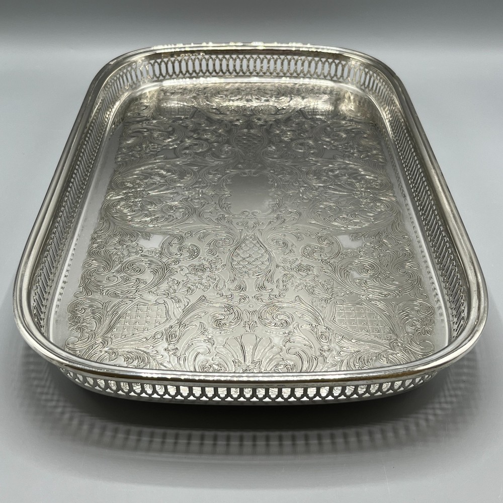 Large Vintage Silver Plated Rectangular Gallery Tray Footed Long Cocktail Drinks