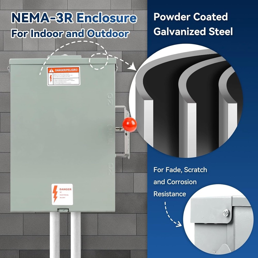 Robust 200 Amp Transfer Switch: 240V, NEMA 3R, Stable, Easy Install Enclosure