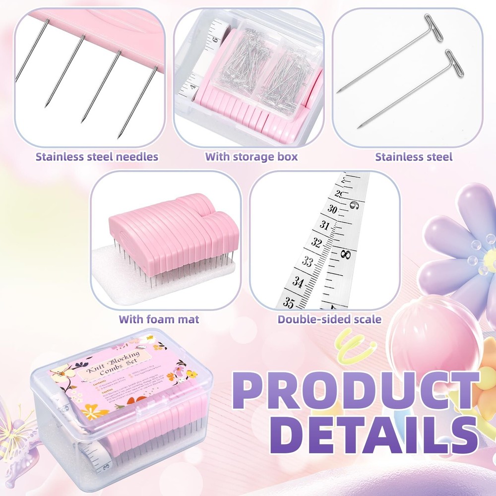 Knit Blocking Pins Kit,20Pcs Knit Blocking Combs,100 T-pins for Blocking Knit...
