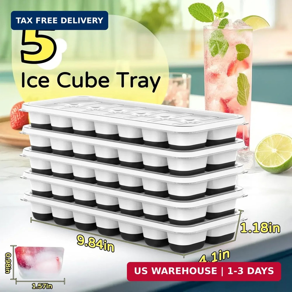 Ice Cube Tray 5 Pack, Stackable Silicone Ice Cube Trays with Lid- Easy Release R