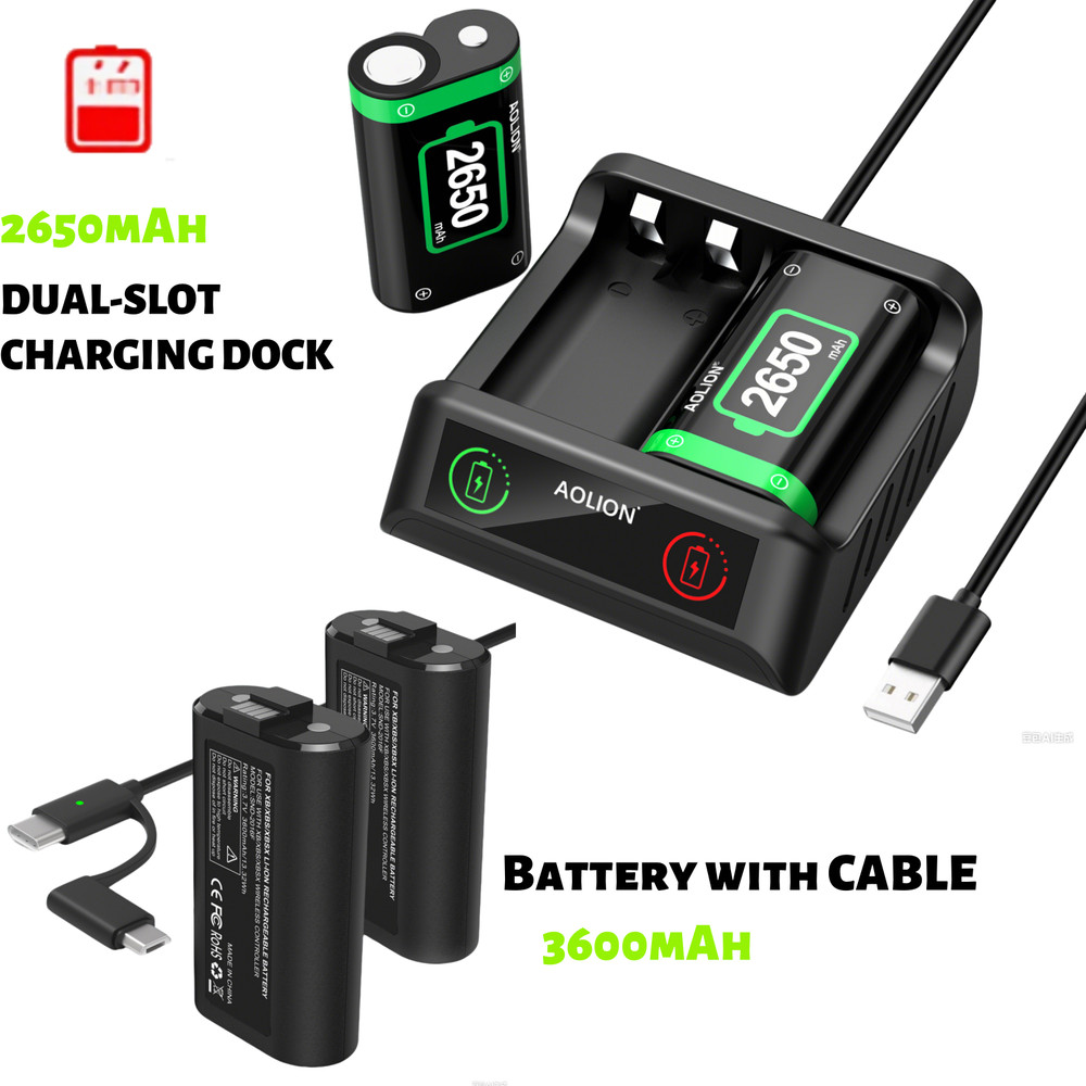 2 Pack Rechargeable Battery + Charge Kit Cable For Xbox One Controller 3600 mAh