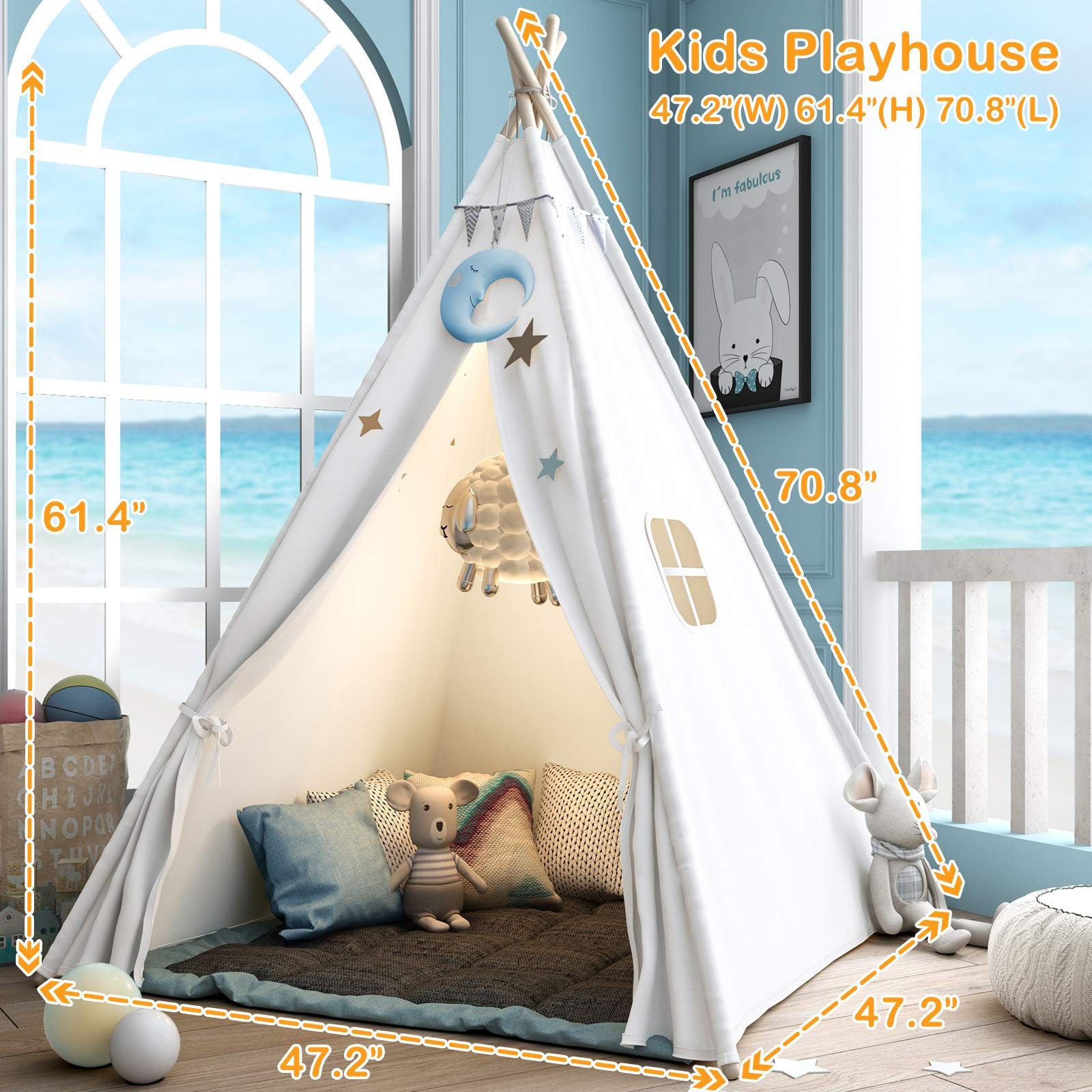 Sumerice Teepee Play Tent for Kids with 47.2 x x 61.4 inches, White
