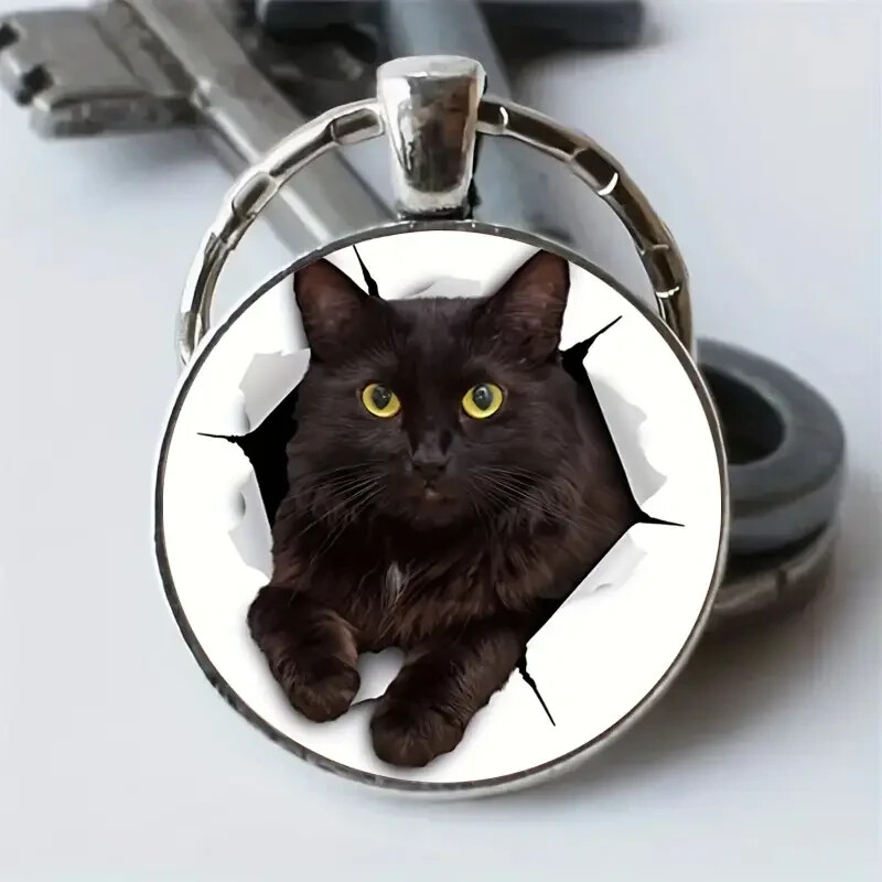 Black Cat Round Glass Cabochon Keychain