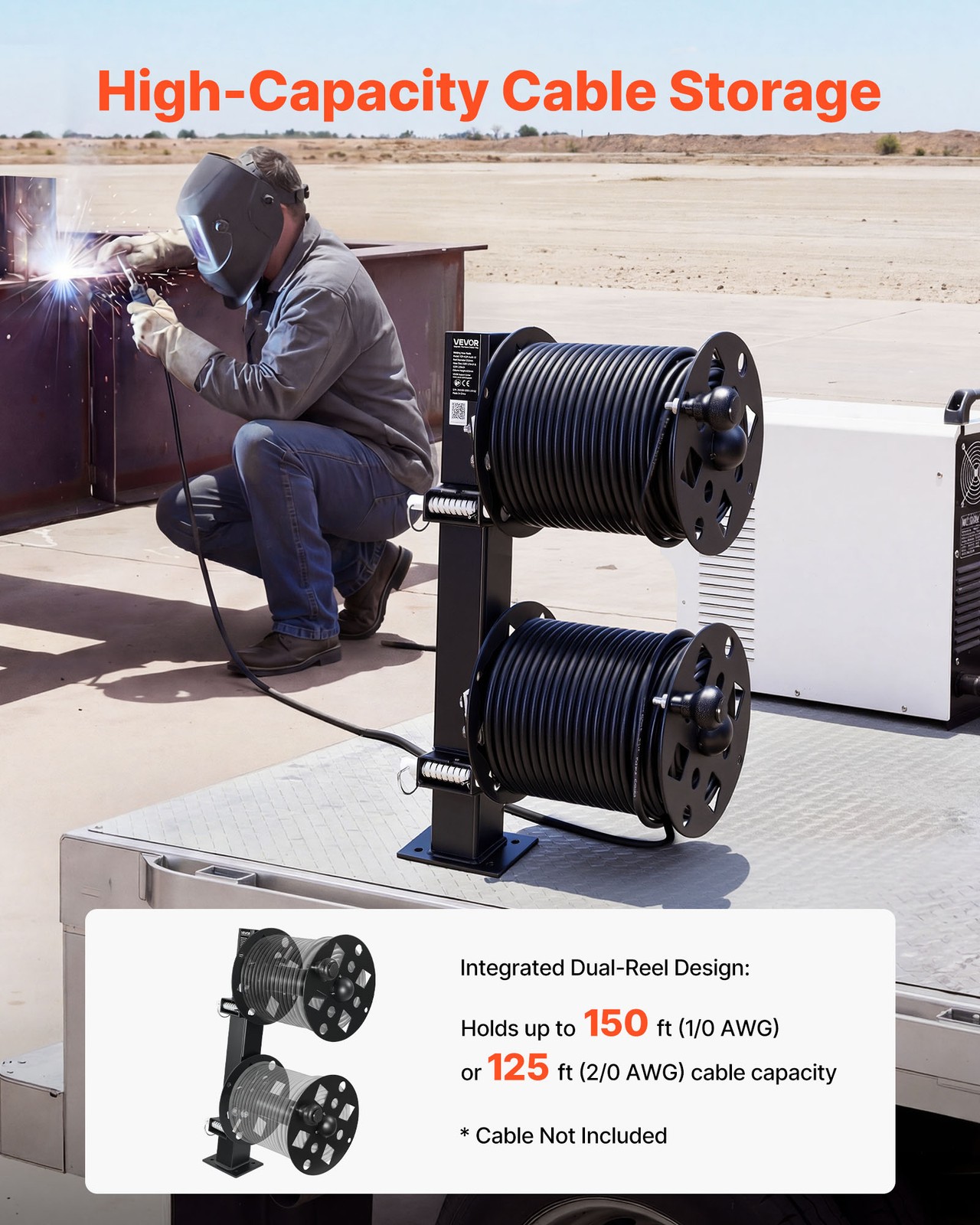 VEVOR Heavy Duty Double Welding Cable Reel Fits 150FT 1/0 & 125FT 2/0 Cable