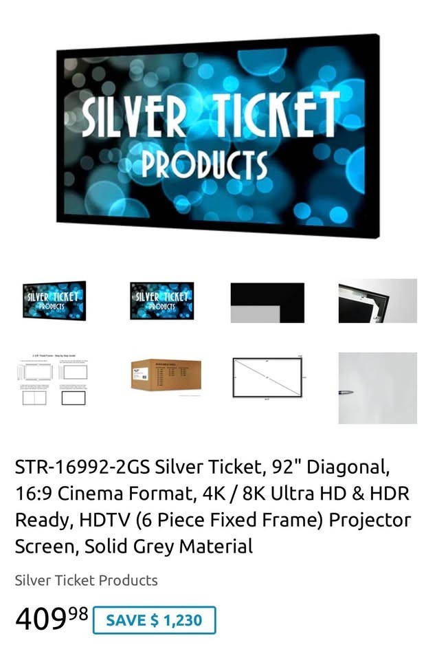 STR-169120 Silver Ticket 92" Fixed Frame 16:9 Projector Screen Grey Material